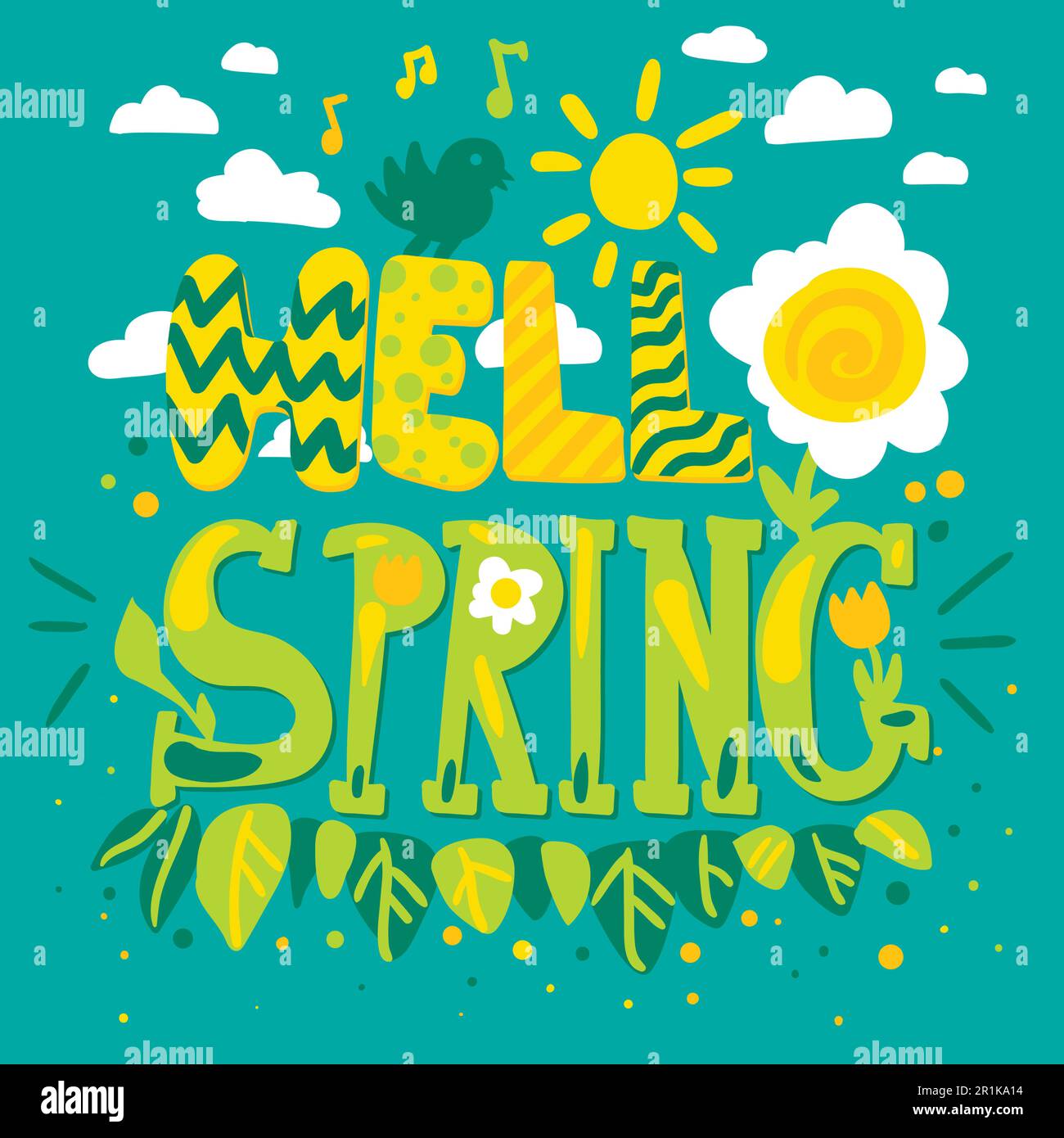 Flat design quote illustration. Hello spring. Greeting card, poster ...