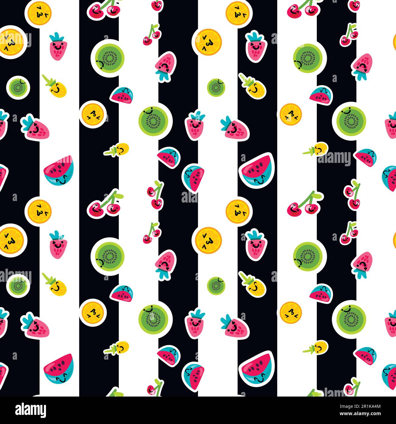 Fruits characters seamless color vector pattern. Striped background with kiwi, oranges, pineapple Stock Vector