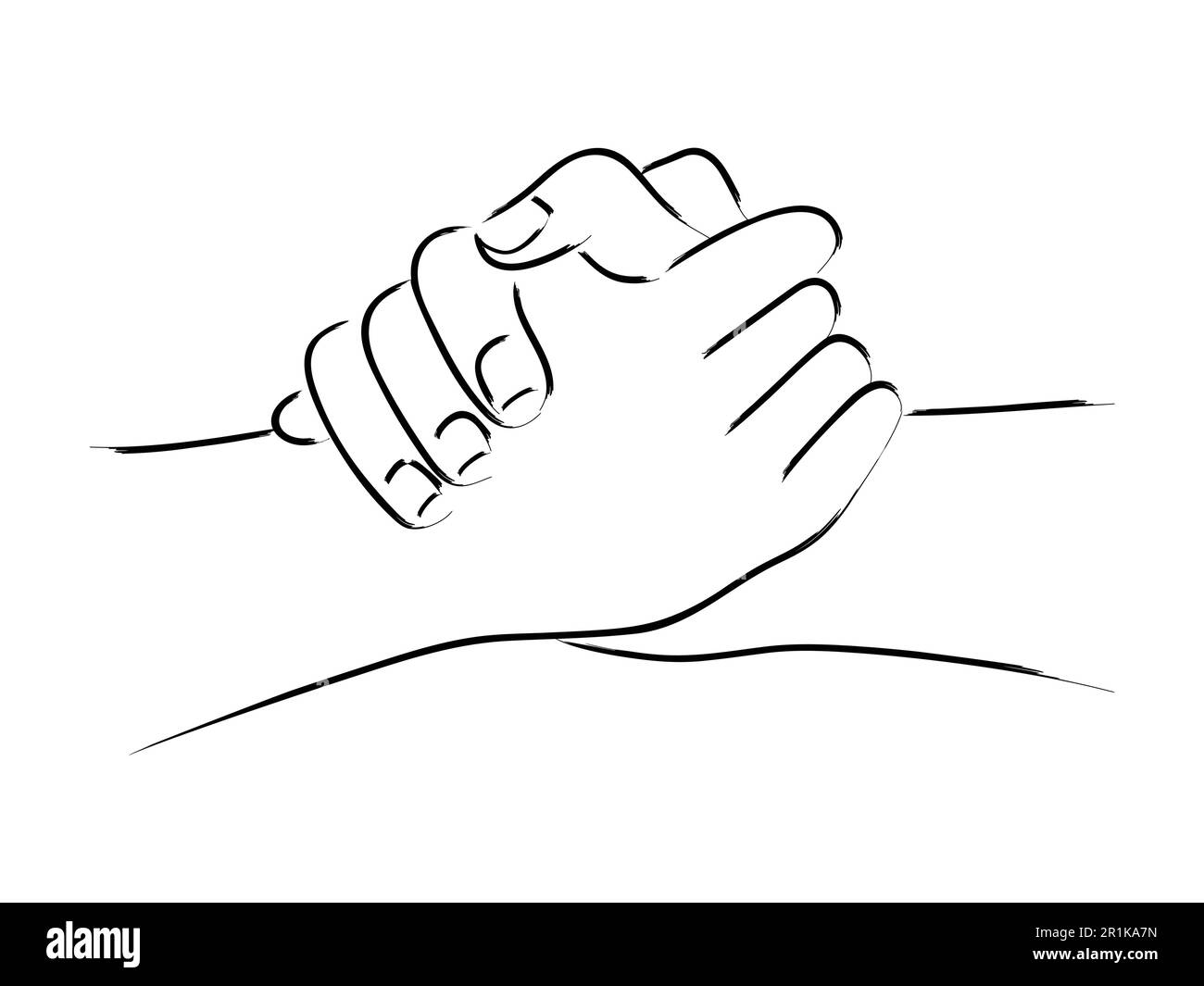 Line art of two hands holding each other strongly Stock Vector