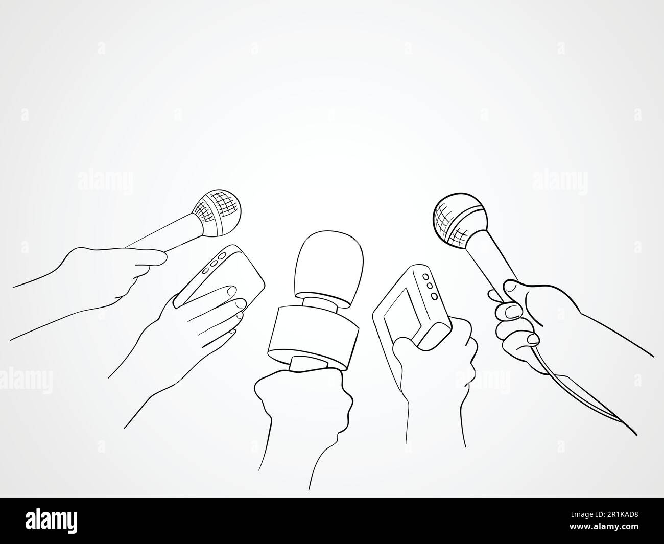 Line art illustration of hands holding microphones and recorders, journalism symbol Stock Vector