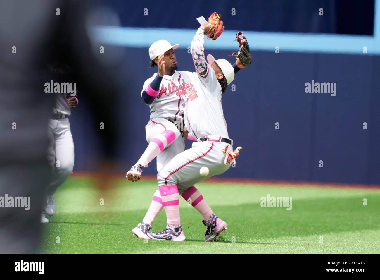 Toronto, Canada. 14th May, 2023. May 14, 2023, Toronto, ON, Canada: Atlanta  Braves second baseman Ozzie Albies (left) collides with right-fielder  Ronald Acuna Jr. (13) on a pop fly hit by Toronto