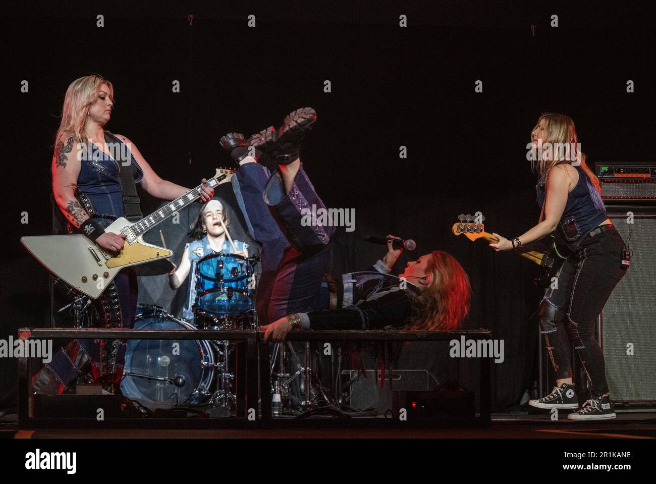 Dortmund, Germany. 14th May, 2023. Kick-off concert of the German rock band Scorpions' 'Rock Believer-World Tour' at the Congress Center Westfalenhallen Hall 3B. The Swedish band Thundermother plays in the supporting program: Filippa Nässil (guitar, l-r), Joan Massing (drums), Linnéa Vikström (vocals) and Majsan Lindberg (bass). Credit: Bernd Thissen/dpa/Alamy Live News Stock Photo