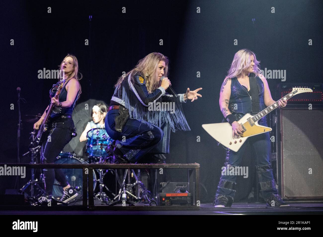 Dortmund, Germany. 14th May, 2023. Kick-off concert of the German rock band Scorpions' 'Rock Believer-World Tour' at the Congress Center Westfalenhallen Hall 3B. The Swedish band Thundermother plays in the supporting program: Majsan Lindberg (bass, l-r), Joan Massing (drums), Linnéa Vikström (vocals) and Filippa Nässil (guitar). Credit: Bernd Thissen/dpa/Alamy Live News Stock Photo