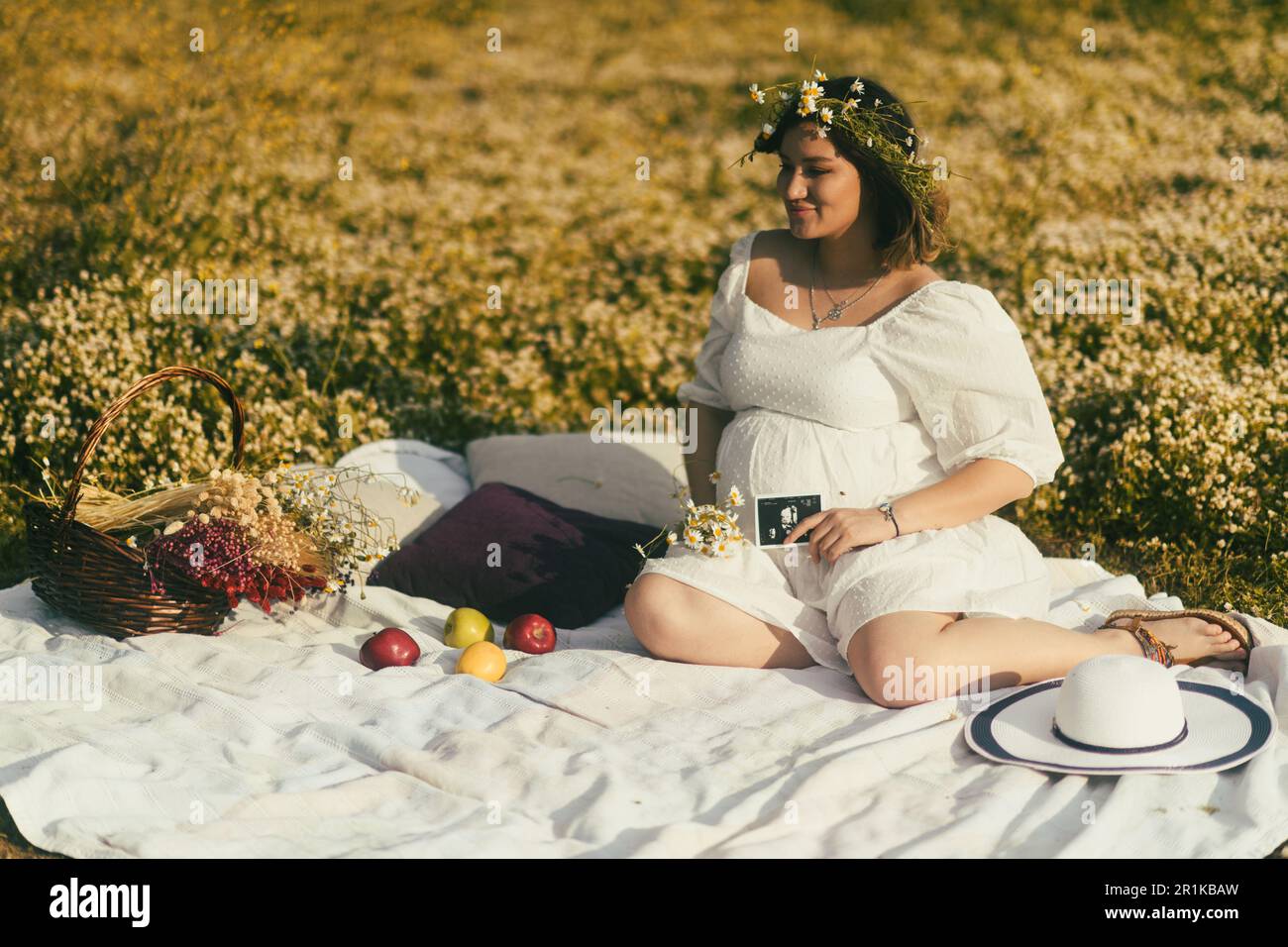 On a white picnic blanket, a pregnant woman proudly displays her baby's