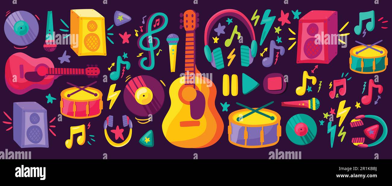 Musical instruments flat cliparts set. Hand drawn guitar, drums, records collection. Stickers pack Stock Vector