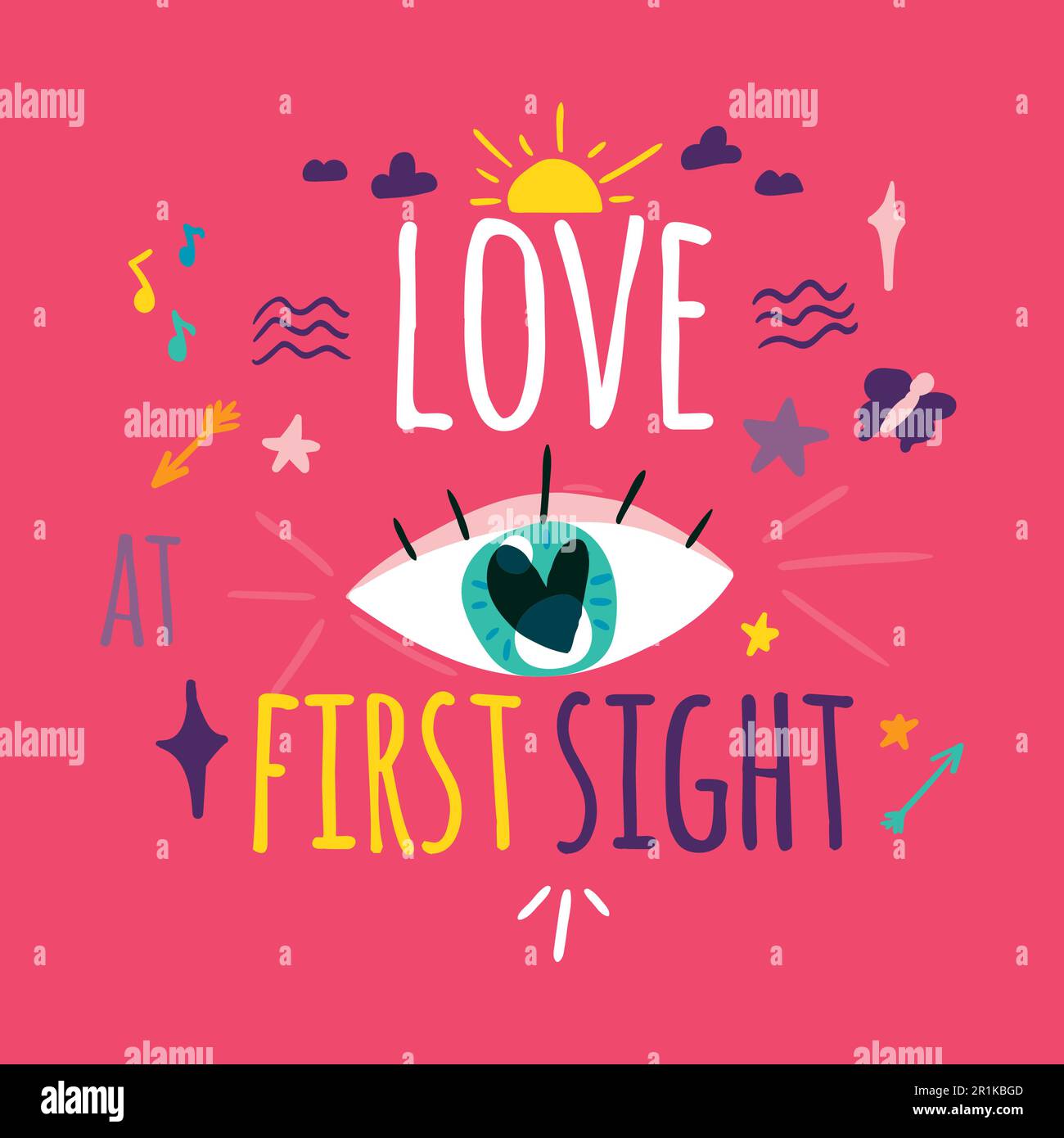 Love at first sight greeting card template. Eye with heart inside and