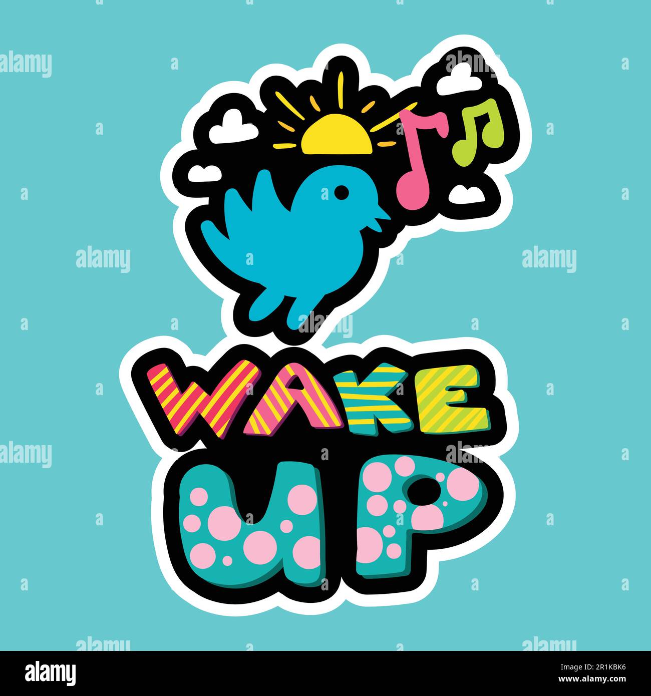 Wake up dash line sticker. Morning flat patch. Stitched frame bird