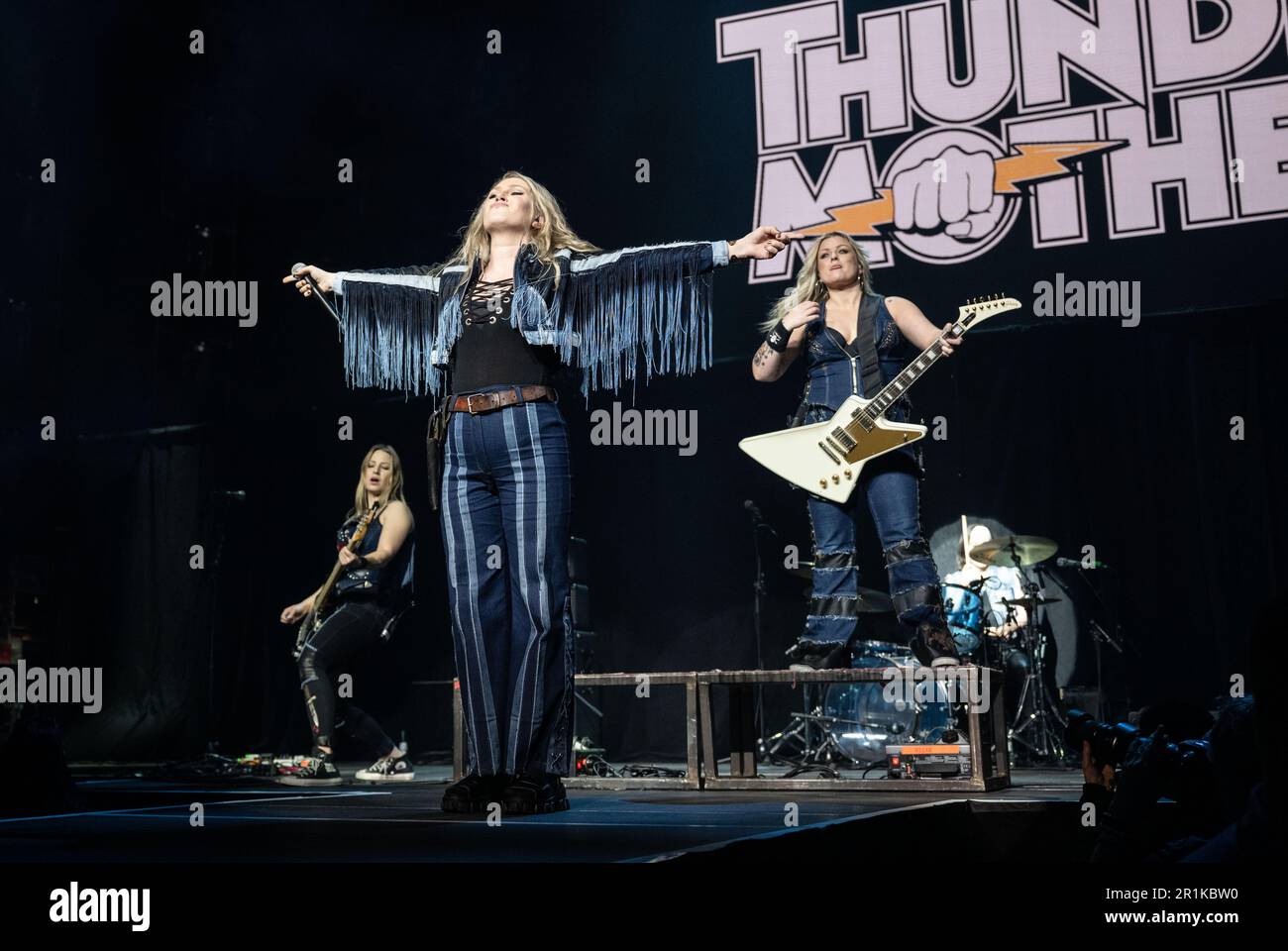 Dortmund, Germany. 14th May, 2023. Opening concert of the Germany tour 'Rock Believer-World Tour' of the German rock band Scorpions at the Congress Center Westfalenhallen Hall 3B. The Swedish band Thundermother will play in the supporting program: Majsan Lindberg (bass), Linnéa Vikström (vocals), Filippa Nässil (guitar) and Joan Massing (drums). Credit: Bernd Thissen/dpa/Alamy Live News Stock Photo