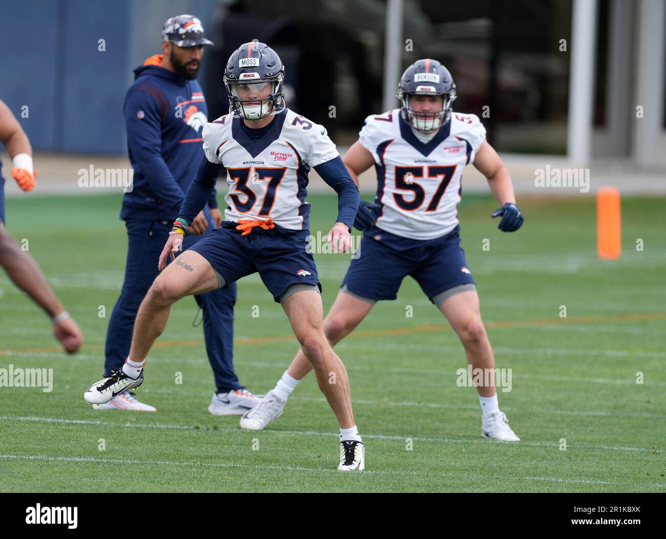Denver Broncos cornerback Riley Moss takes part in drills during an NFL