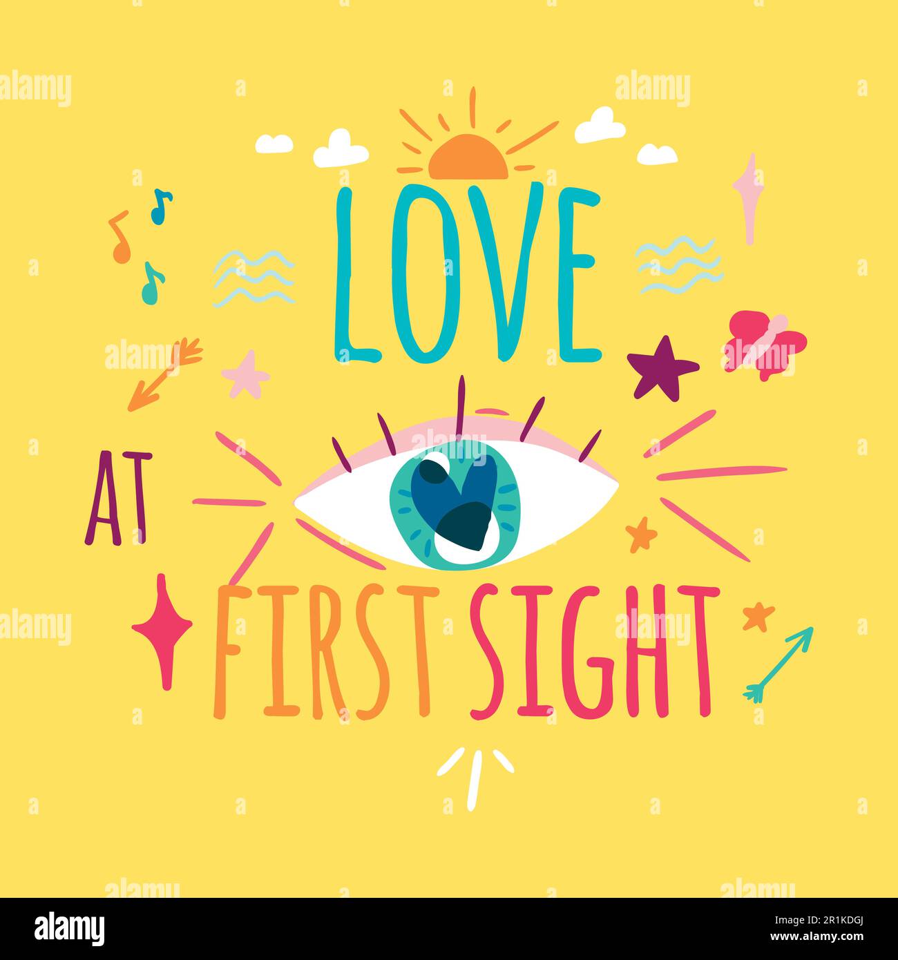 Love at first sight greeting card template. Eye with heart inside and lettering cartoon