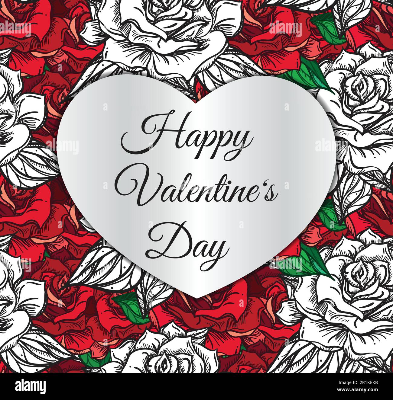 Happy Valentines Day greeting card template. Silver heart with ...