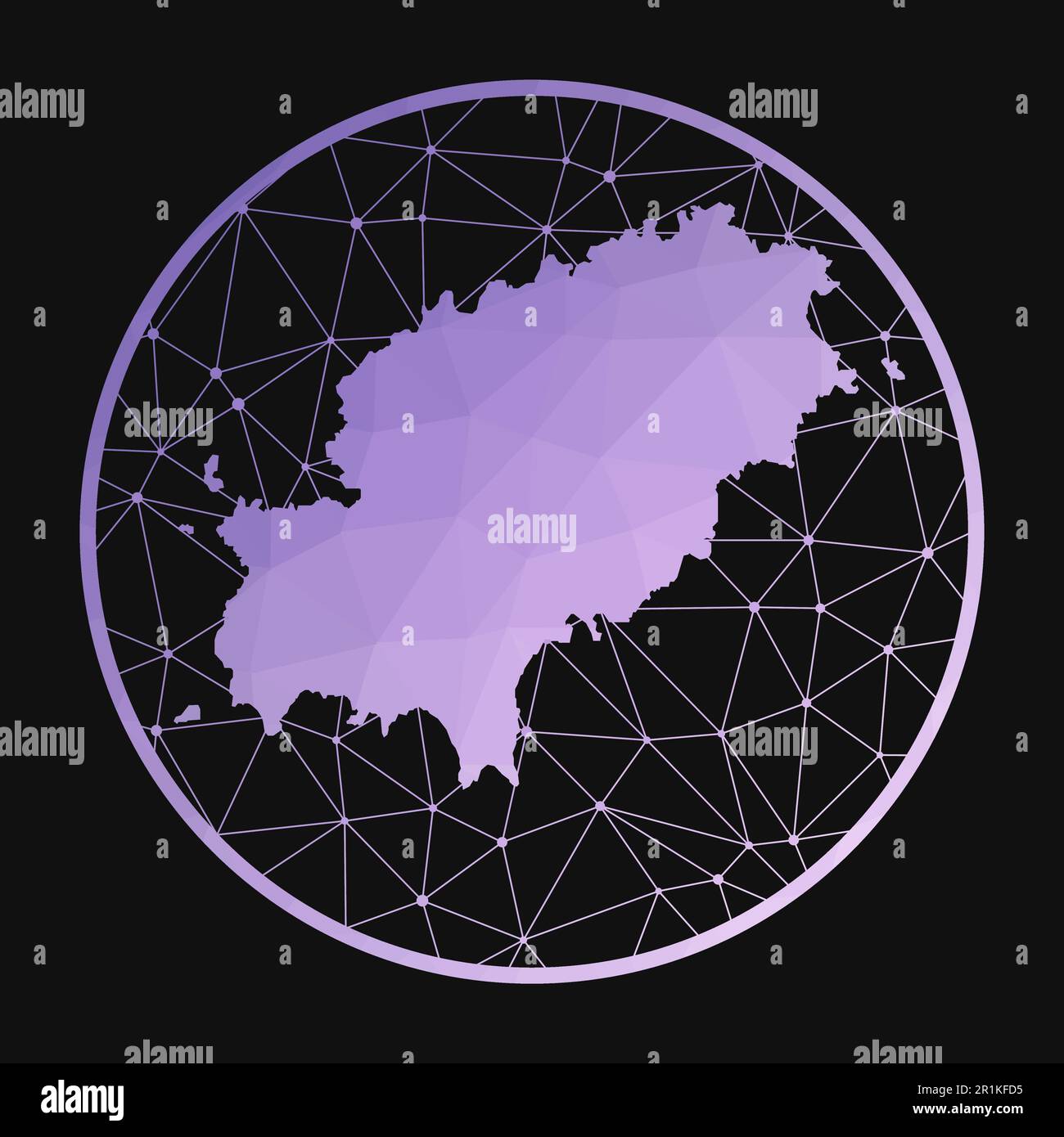 Ibiza icon. Vector polygonal map of the island. Ibiza icon in geometric style. The island map with purple low poly gradient on dark background. Stock Vector