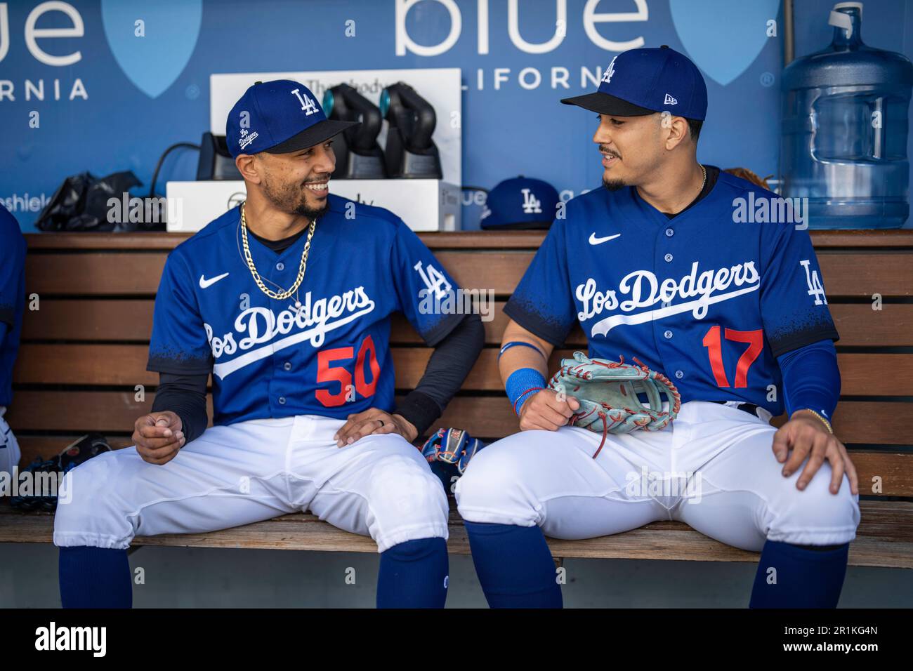 Los Angeles Dodgers right fielder Mookie Betts (50) and second baseman  Miguel Vargas (17) during a MLB game against the San Diego Padres,  Saturday, Ma Stock Photo - Alamy