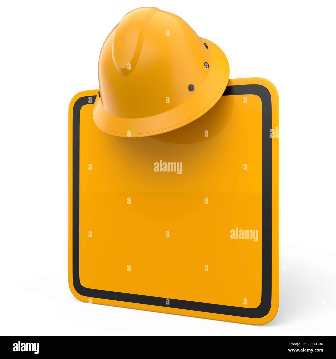 Safety helmet or hard hat on road traffic sign isolated on white