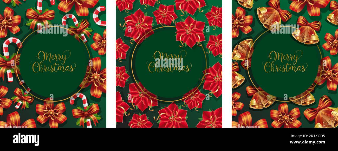 Merry Christmas banner set with poinsettia, bows and candies Stock ...