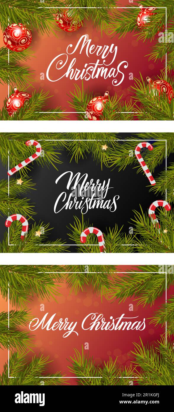 Merry Christmas banner set with fir twigs, candy canes, balls Stock ...