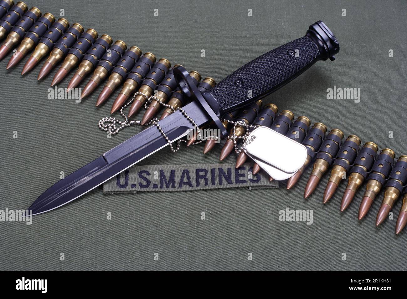 US MARINES uniform with dog tags and ammunition belt on