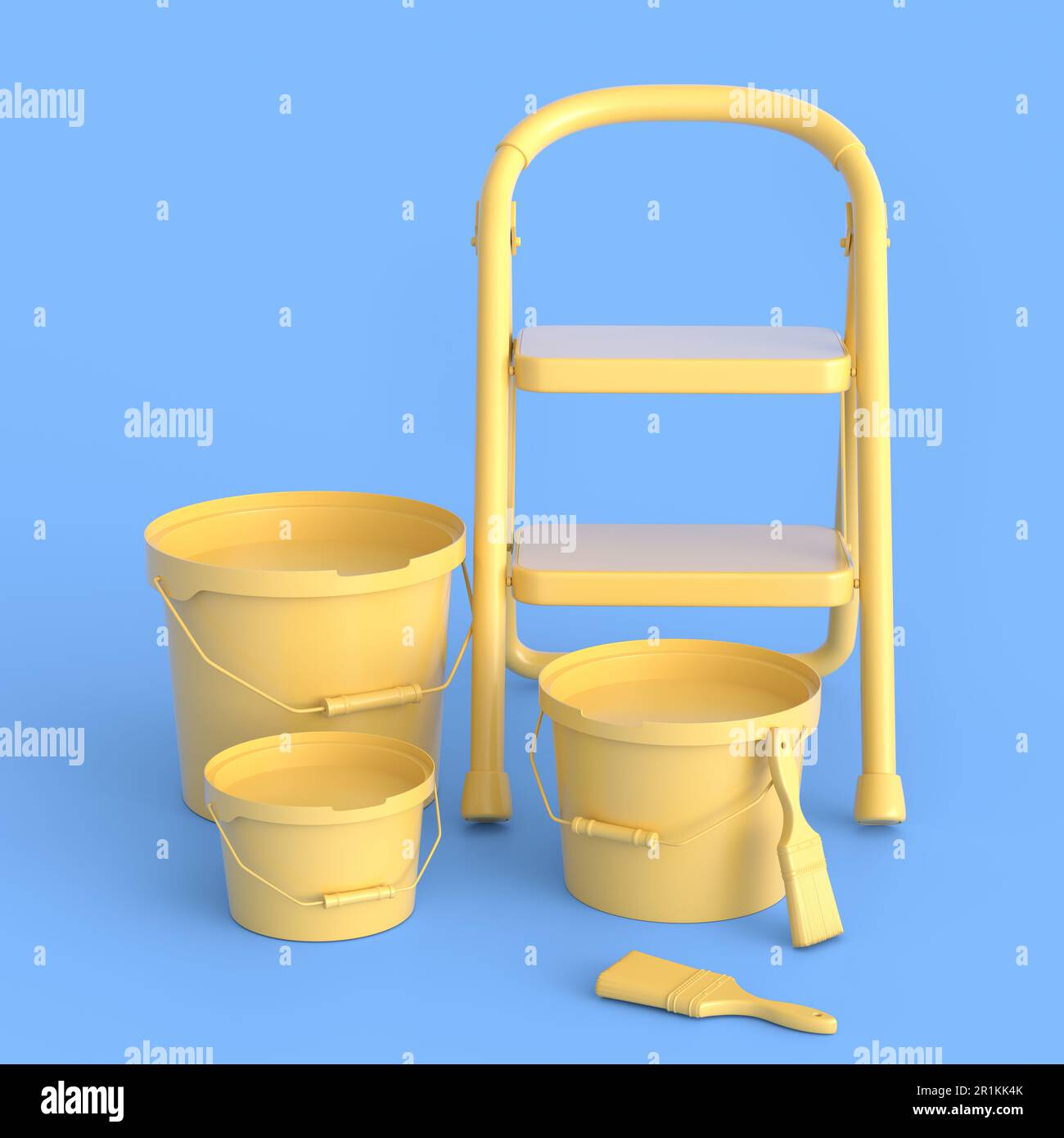 Set of folding ladder, bucket with paint rollers and brushes for