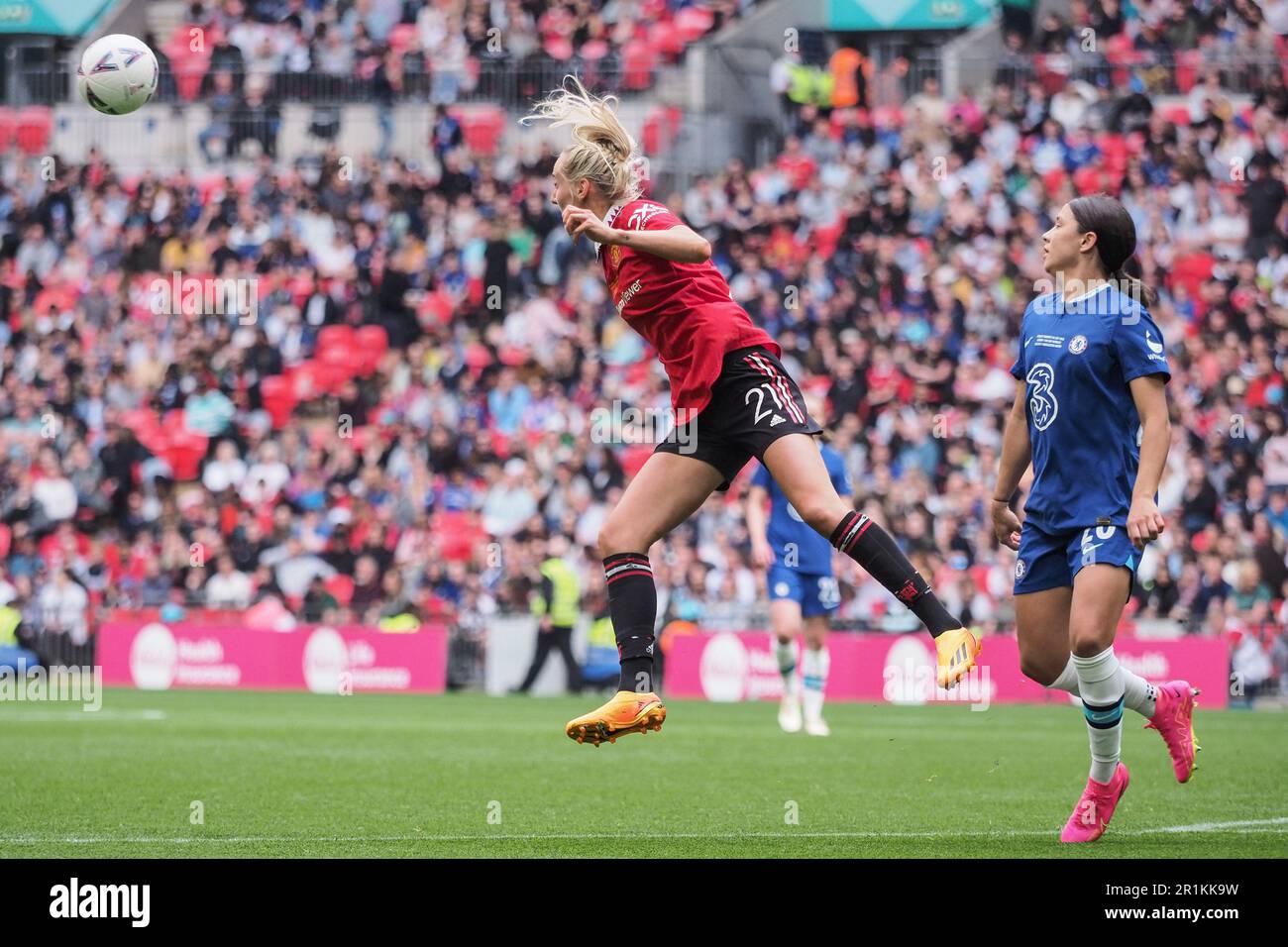 London, UK. 14th May, 2023. Millie Turner (21 Manchester United) heads the ball clear during the Vitality Womens FA Cup final between Chelsea and Manchester United at Wembley Stadium in London, England (Natalie Mincher/SPP) Credit: SPP Sport Press Photo. /Alamy Live News Stock Photo