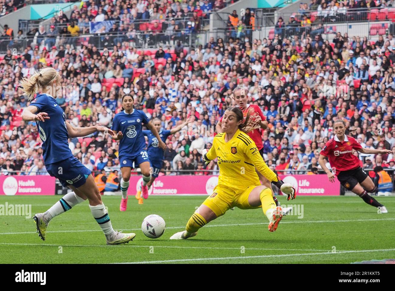 London, UK. 14th May, 2023. Goalkeeper Mary Earps (27 Manchester United) saves a shot from Pernille Harder (23 Chelsea) during the Vitality Womens FA Cup final between Chelsea and Manchester United at Wembley Stadium in London, England (Natalie Mincher/SPP) Credit: SPP Sport Press Photo. /Alamy Live News Stock Photo