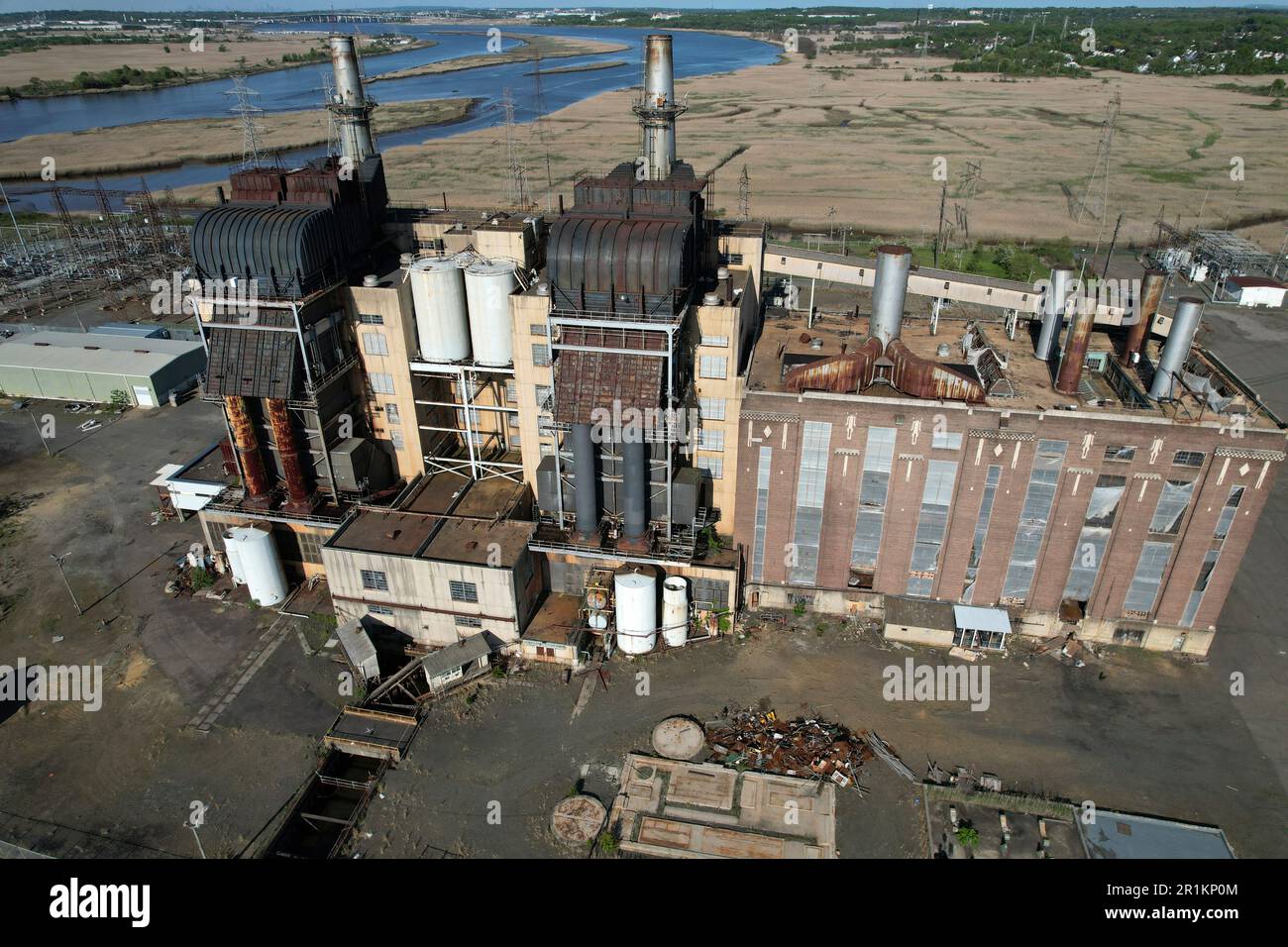 Aerial view of an old coal burning power plant along the Raritan River in Sayreville, New Jersey