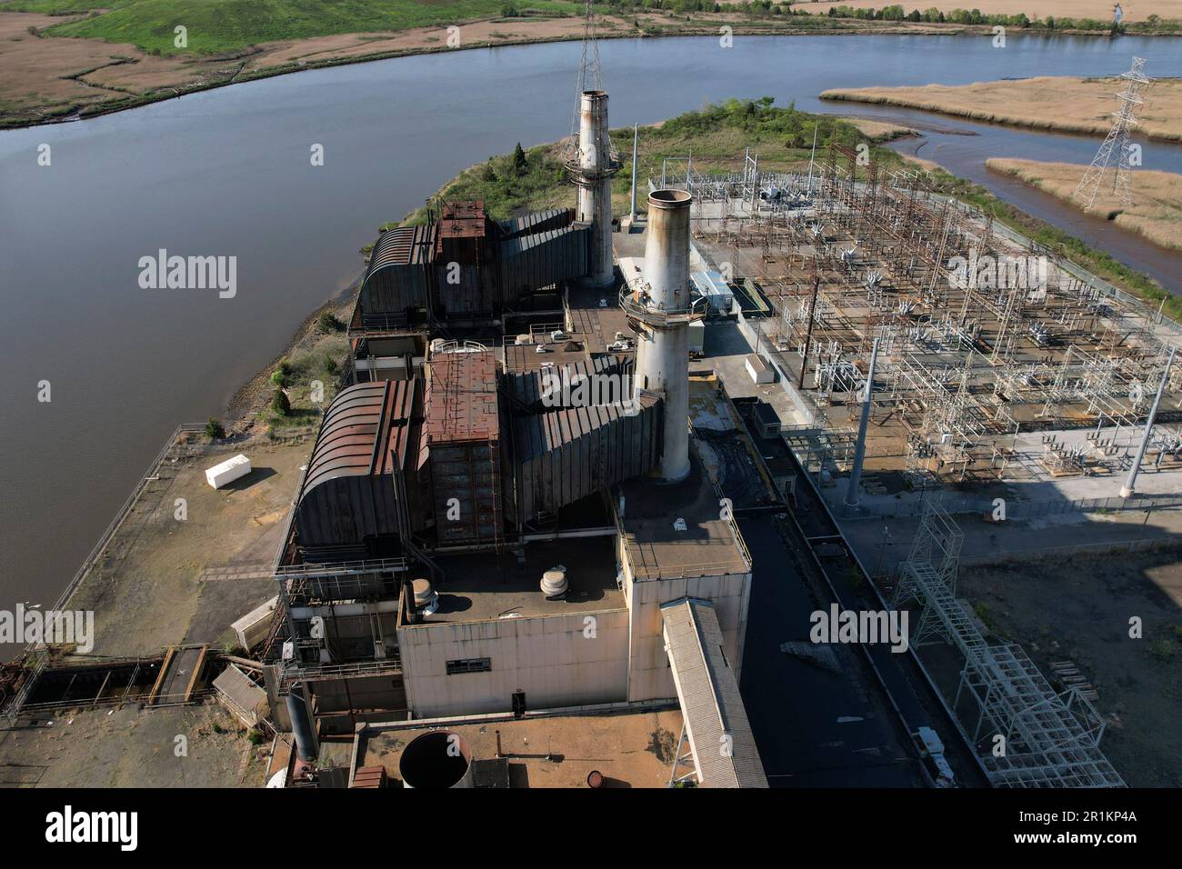 Aerial view of an old coal burning power plant along the Raritan River in Sayreville, New Jersey