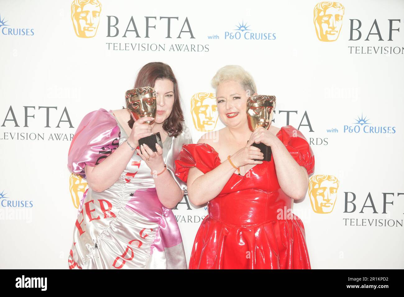 Lisa McGee and Siobhan McSweeney with the award for Scripted Comedy, for Derry Girls, at the Bafta Television Awards 2023 at the Royal Festival Hall, London. Picture date: Sunday May 14, 2023. Stock Photo