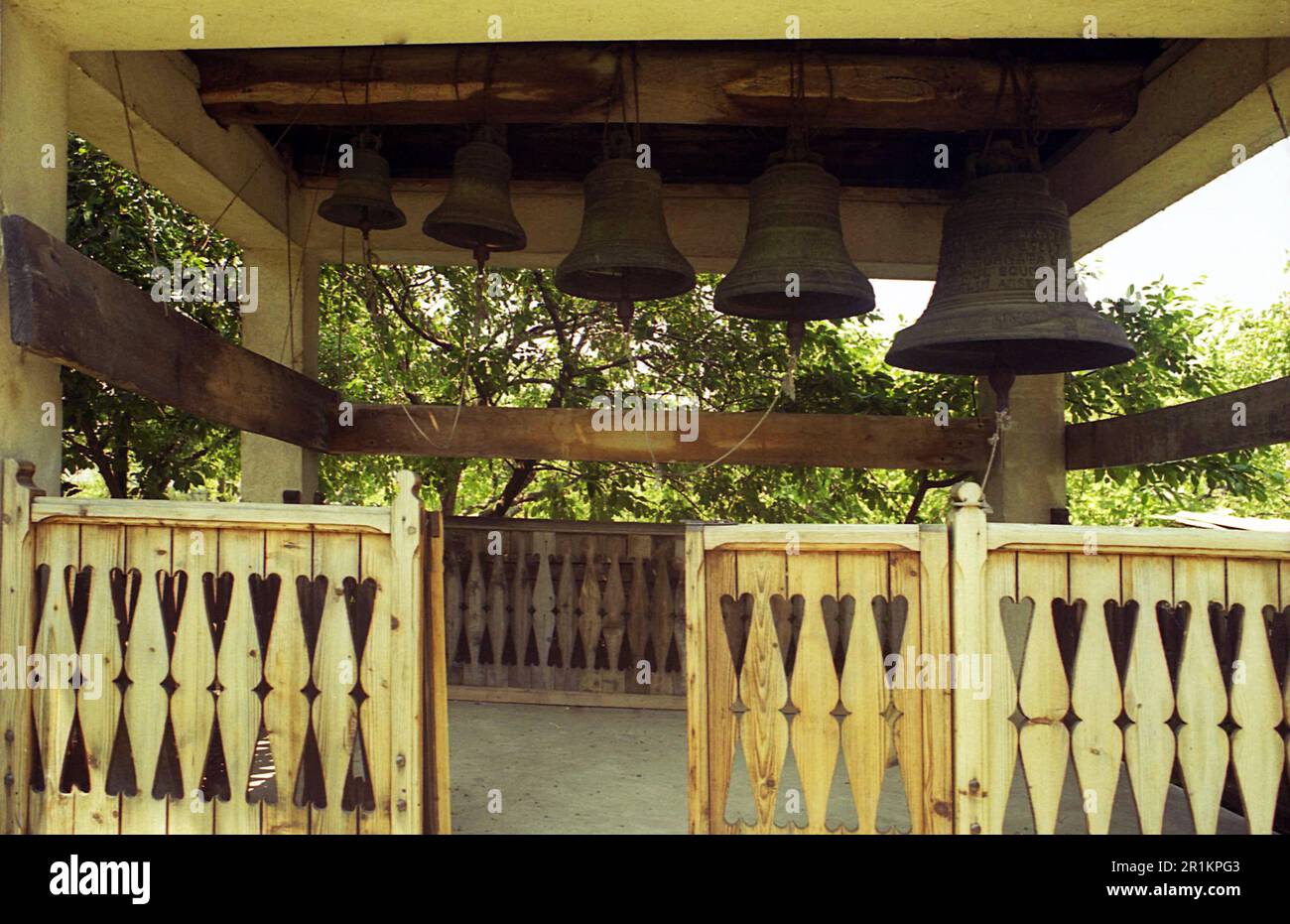 Tulcea County, Romania, 2000. The bells of the Christian Orthodox Saon Monastery. Stock Photo