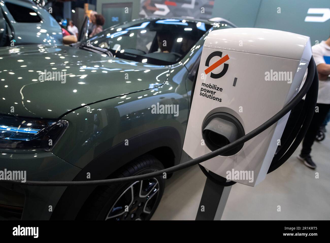Barcelona, Spain. 14th May, 2023. An electric charger for Dacia is seen at the Automobile Barcelona show. The Automobile Barcelona 2023 show opens its doors from May 13 to 21 at the Montjüic fairgrounds. 23 car brands will present their novelties highlighting the electric car as the protagonist. (Photo by Paco Freire/SOPA Images/Sipa USA) Credit: Sipa USA/Alamy Live News Stock Photo