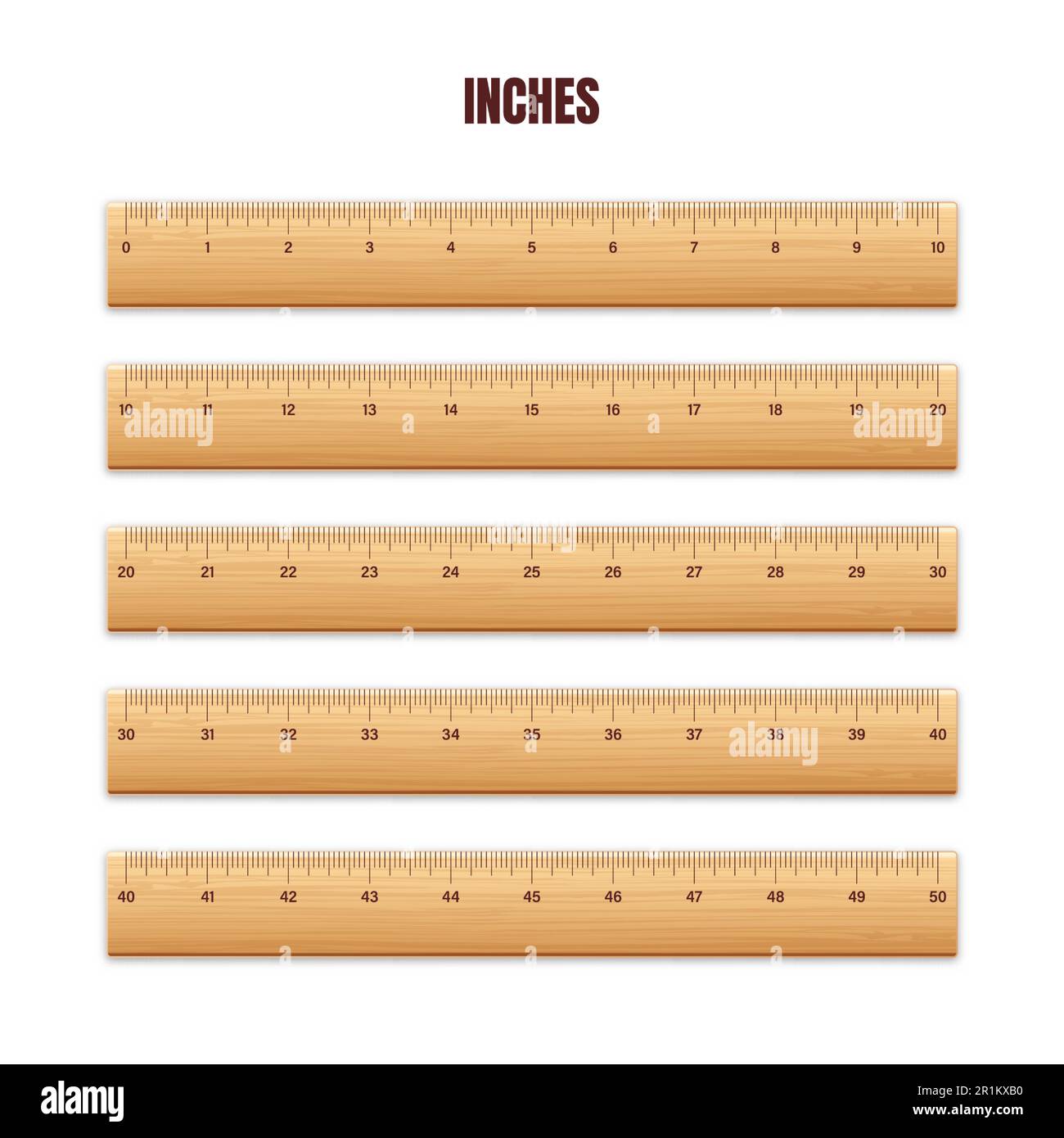Realistic various wooden rulers with measurement scale and divisions