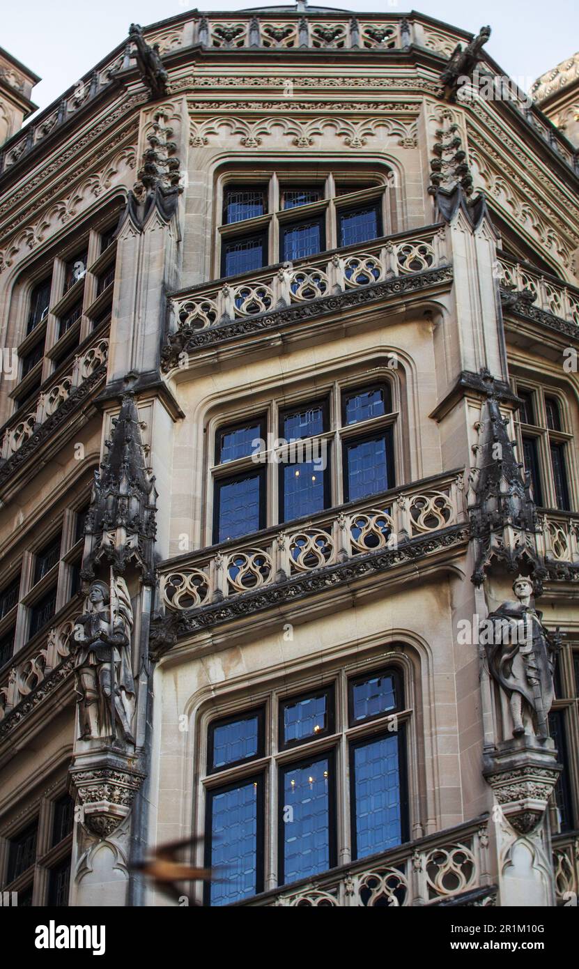The exterior of the winding staircase, a richly decorated balustrade, is part of the entrance tower of the Biltmore House in Asheville NC, USA Stock Photo