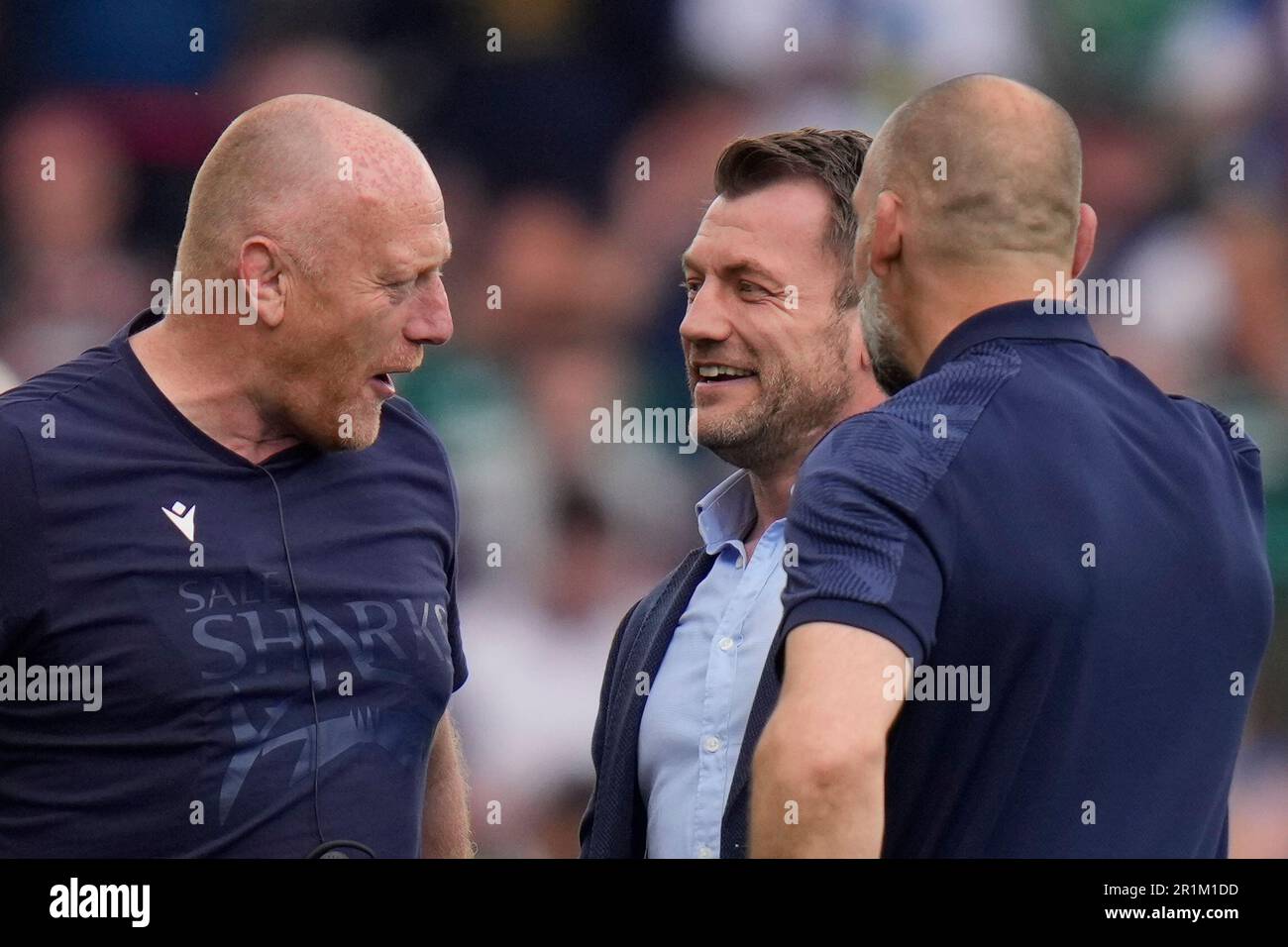 Mark Cueto speaks with Pete Anglesea coach and Alex Sanderson Director of Rugby of Sale Sharks after the Gallagher Premiership Play-Off Semi-Final match Sale Sharks vs Leicester Tigers at AJ Bell Stadium, Eccles, United Kingdom, 14th May 2023  (Photo by Steve Flynn/News Images) Stock Photo