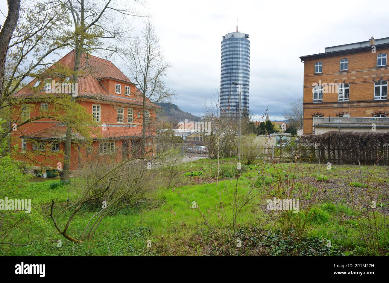 Jena, Germany, botanical garden with view to the Jentower in the city center Stock Photo