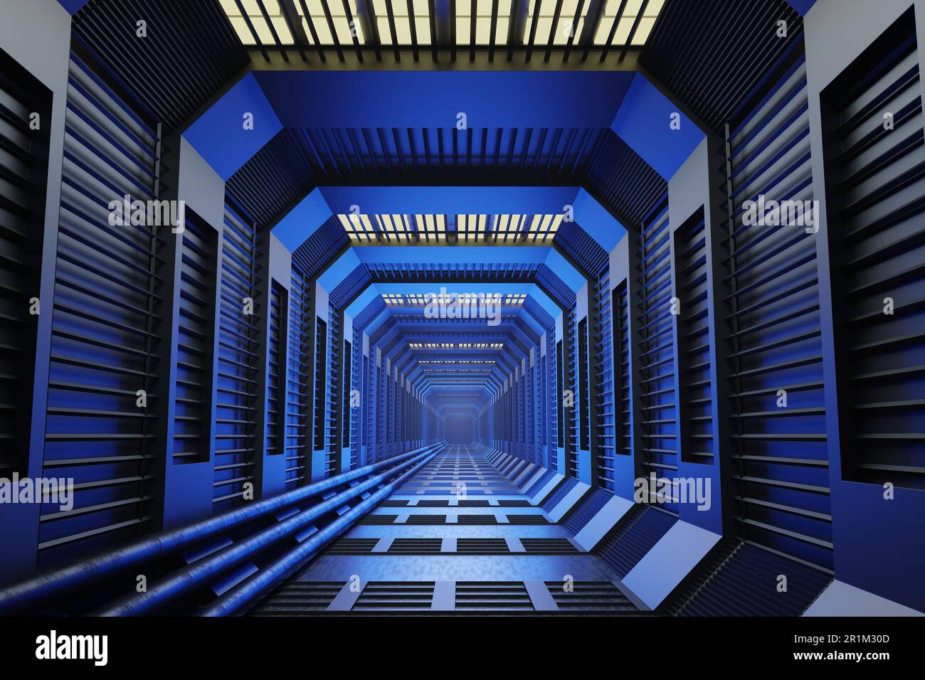 Sci-fi metallic tunnel illuminated by blue and yellow lights. Illustration as a design element for web design backgrounds and slide show wallpapers Stock Photo