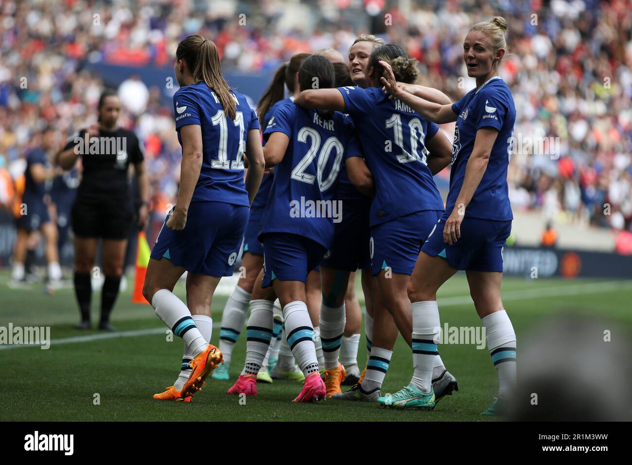 London, UK. 14th May, 2023. Sam Kerr of Chelsea celebrates her goal during  the Vitality Women's FA Cup Final between Chelsea and Manchester United at  Wembley Stadium, London on Sunday 14th May
