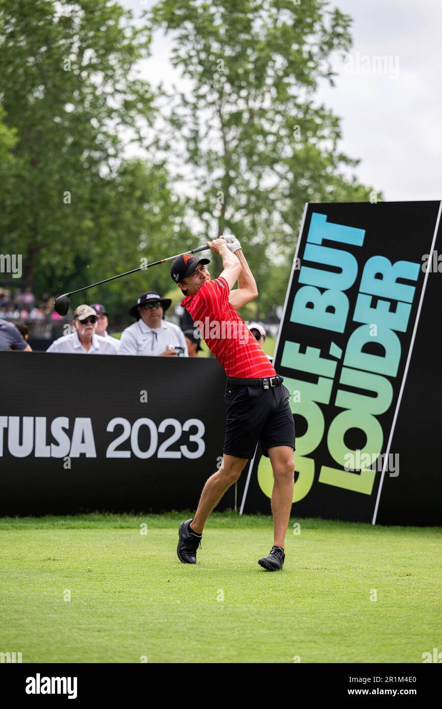 Carlos Ortiz, of Fireballs GC, hits from the 13th tee during the final
