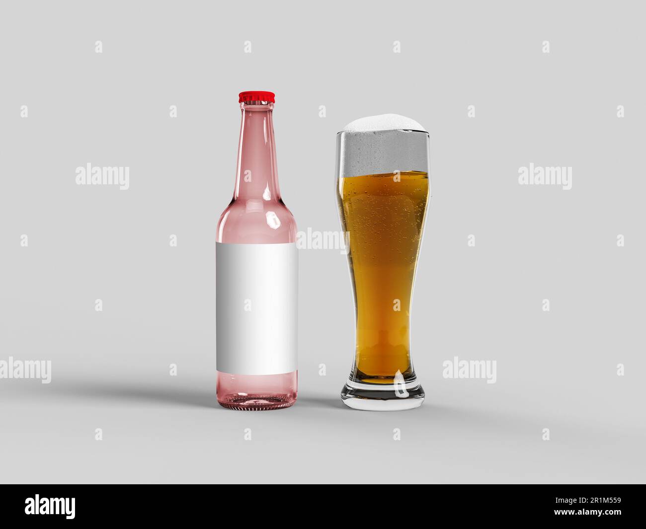 Red beer bottle and glass with golden lager on isolated, copy space, mock up oktoberfest Stock Photo