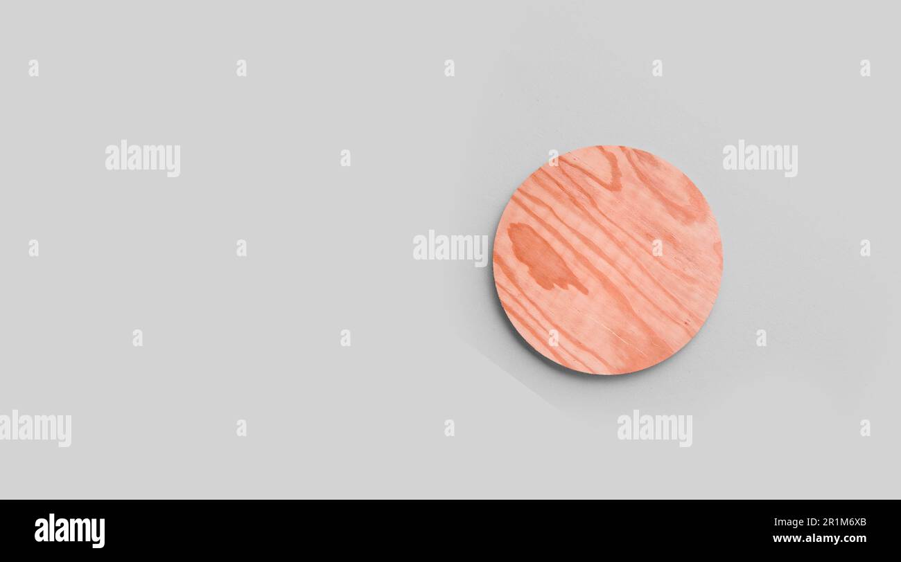 Empty round cork coaster, isolated on grey background. Perfect as food display. Stock Photo