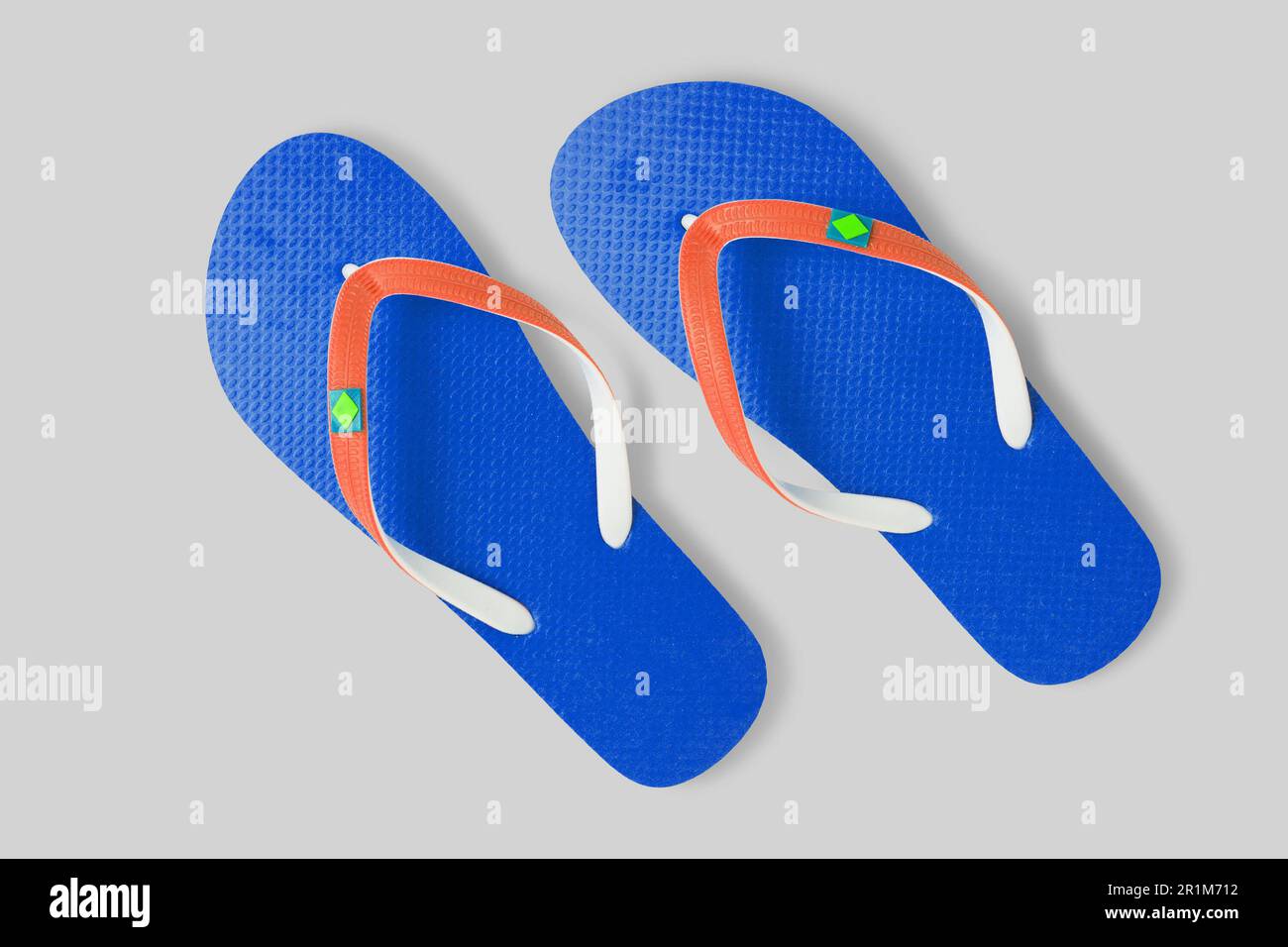 Close up view blue a pair beach sandals isolated on white background. added copy space for text. Stock Photo