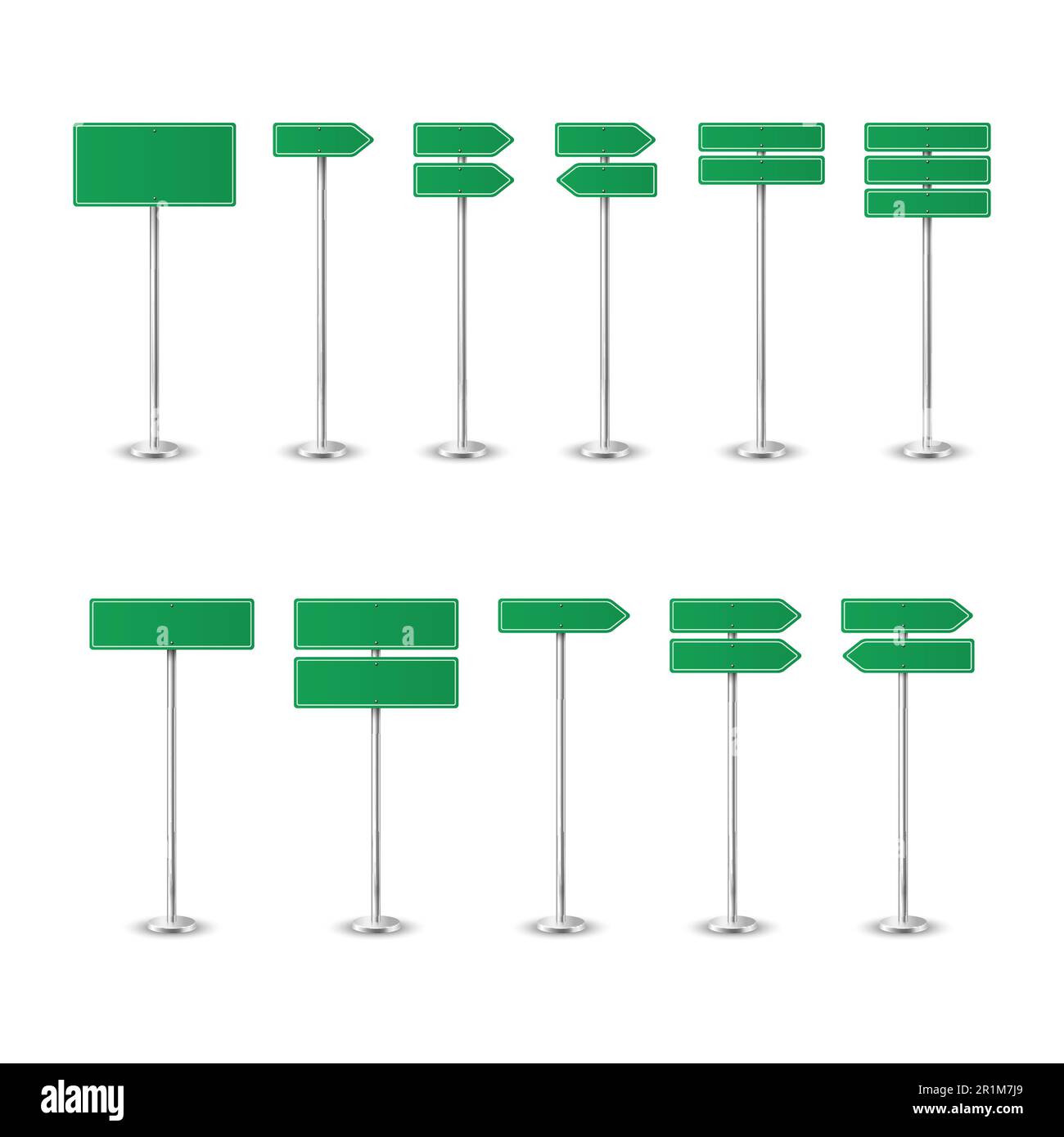 Vector 3d Realistic Blank Green Road Warning Direction Sign Icon Set ...
