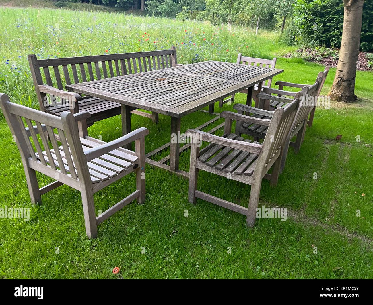 Wooden table with bench and chairs in garden. Landscape design Stock