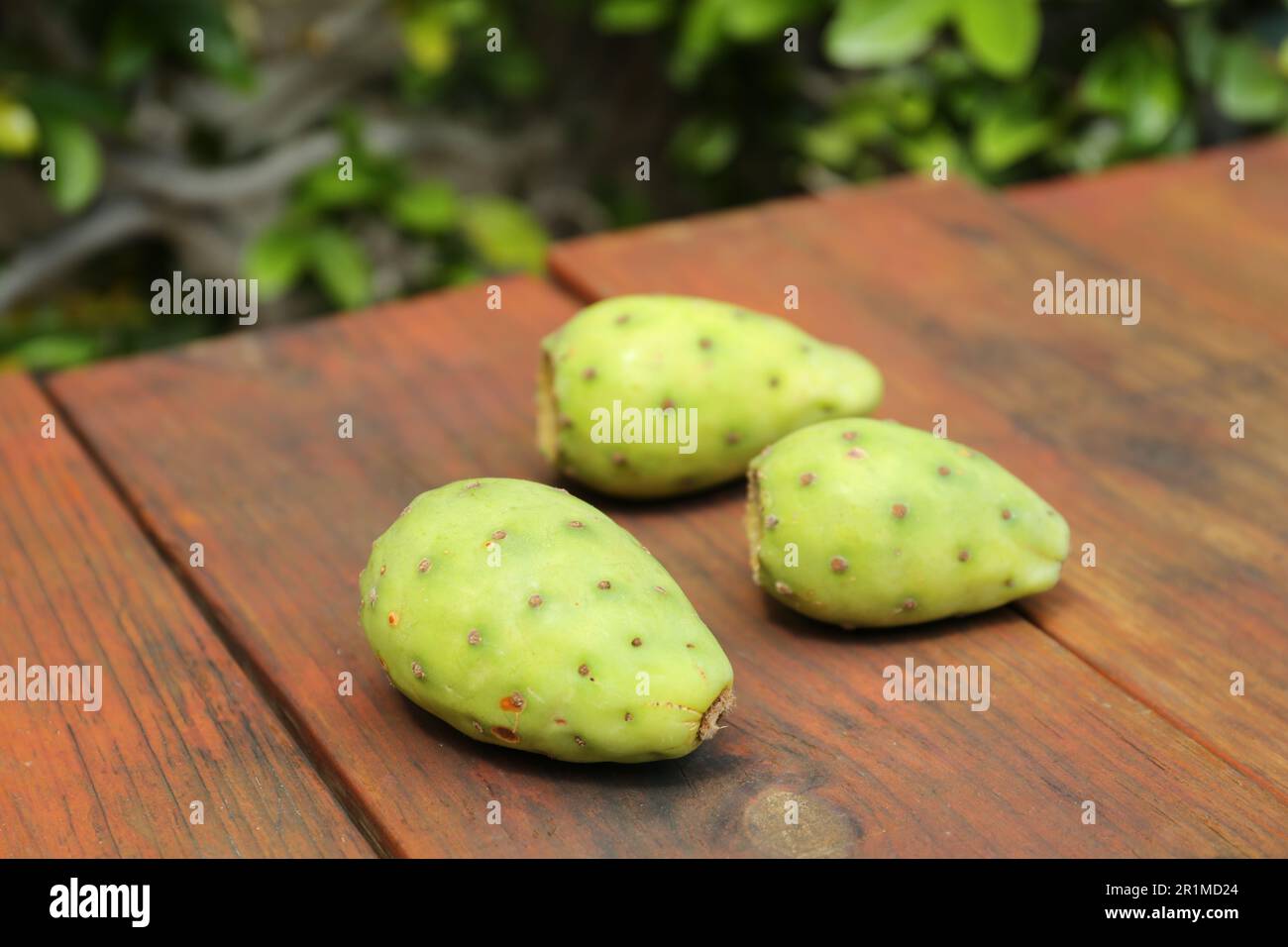 Tasty prickly pear fruits on wooden table outdoors Stock Photo