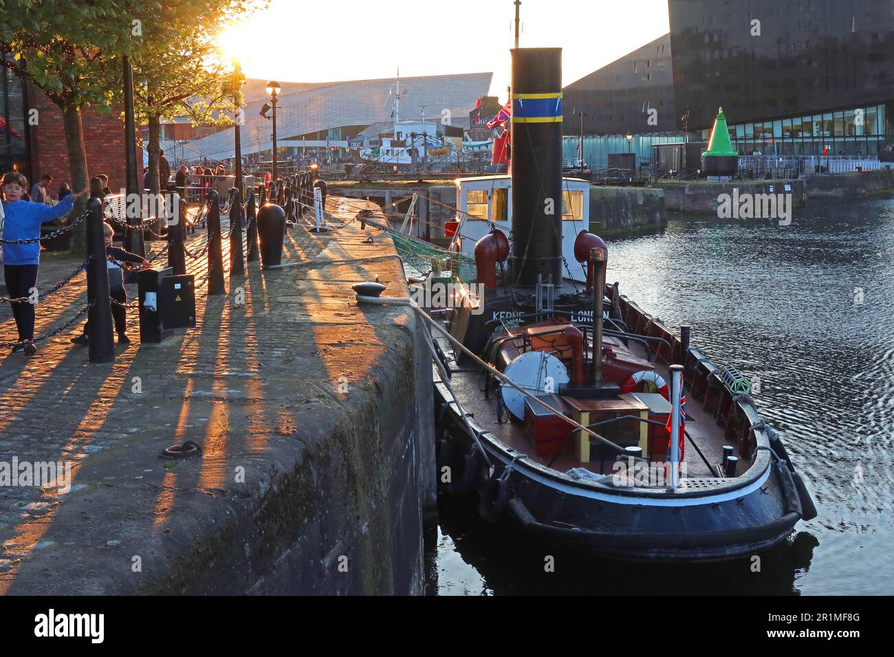 Steam powered tug, the Kerne, on the Mersey waterfront, at sunset - Albert Dock, Pier Head, Liverpool, Merseyside, England, UK, L3 4AF Stock Photo