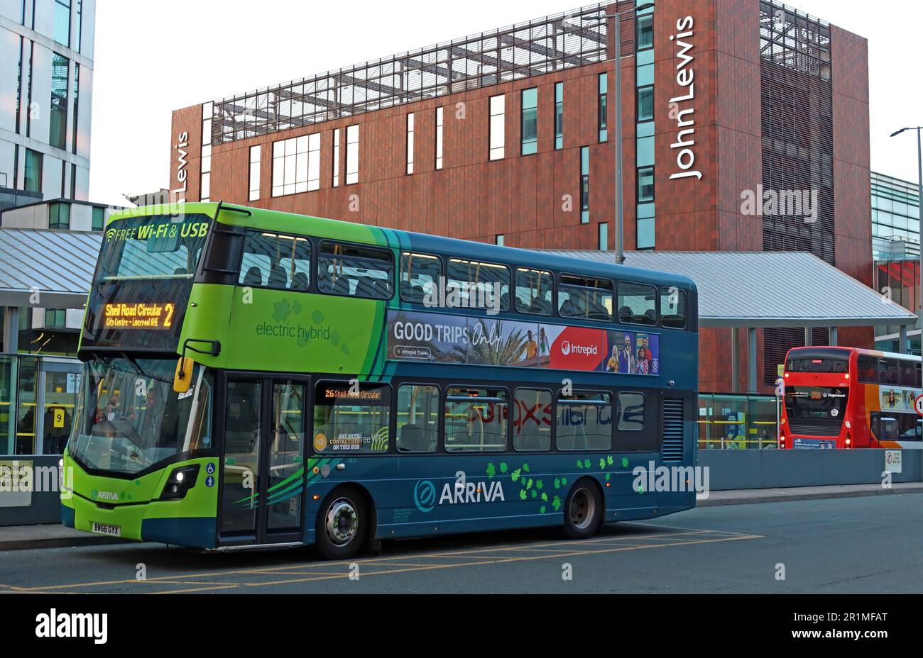 Cleaner, Electric Hybrid, Volvo Arriva bus, at Liverpool One bus station, Paradise Street, Liverpool, Merseyside, England, UK, L1 3EU Stock Photo