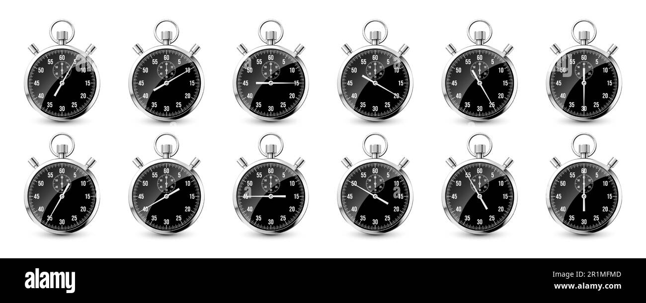 Realistic classic stopwatch. Shiny metal chronometer, time counter with