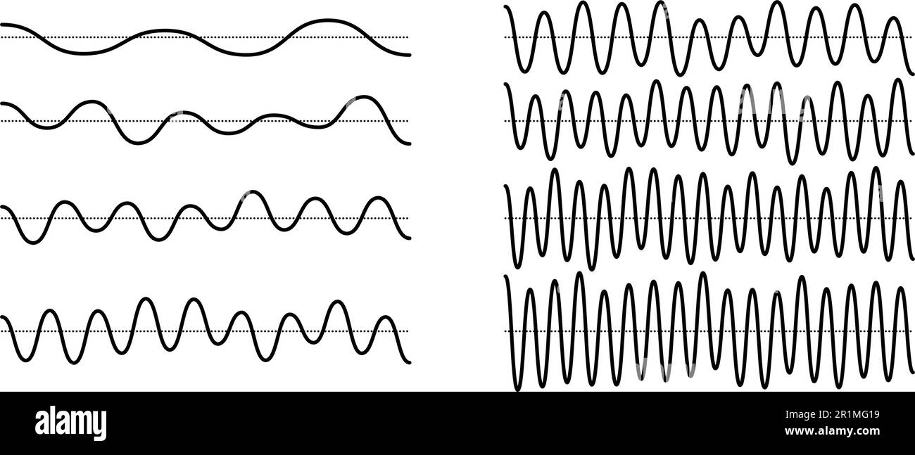 Sinusoid signals set. Black curve sound waves with different frequency and amplitude. Voice or music audio concept. Pulsating lines. Electronic radio graphics collection. Vector templates bundle Stock Vector
