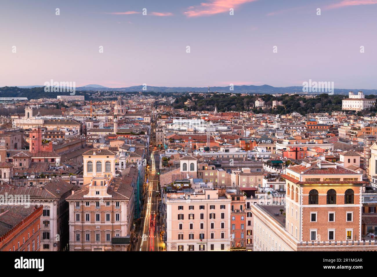 Rome, Italy rooftop cityscape at dusk. Stock Photo