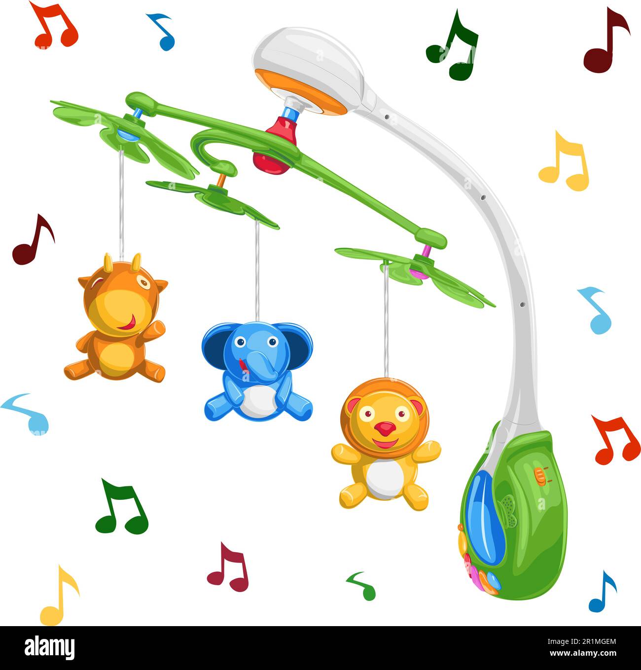 Color illustration of crib mobile. Carousel with toys on the crib for