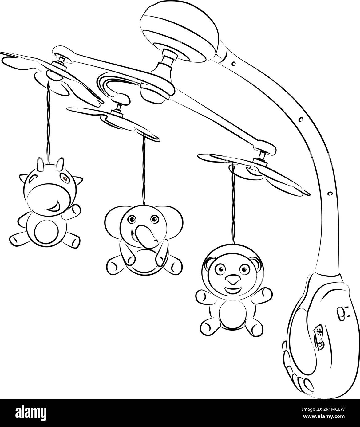 Line art illustration of crib mobile. Carousel with toys on the crib
