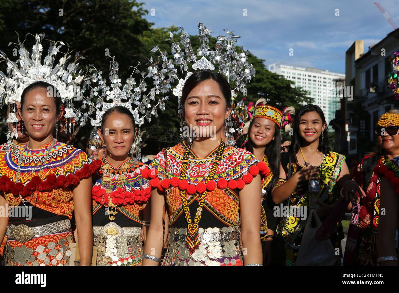 Iban girls in their traditional dress at a parade in Kuching, Sarawak, Malaysia, Borneo Stock